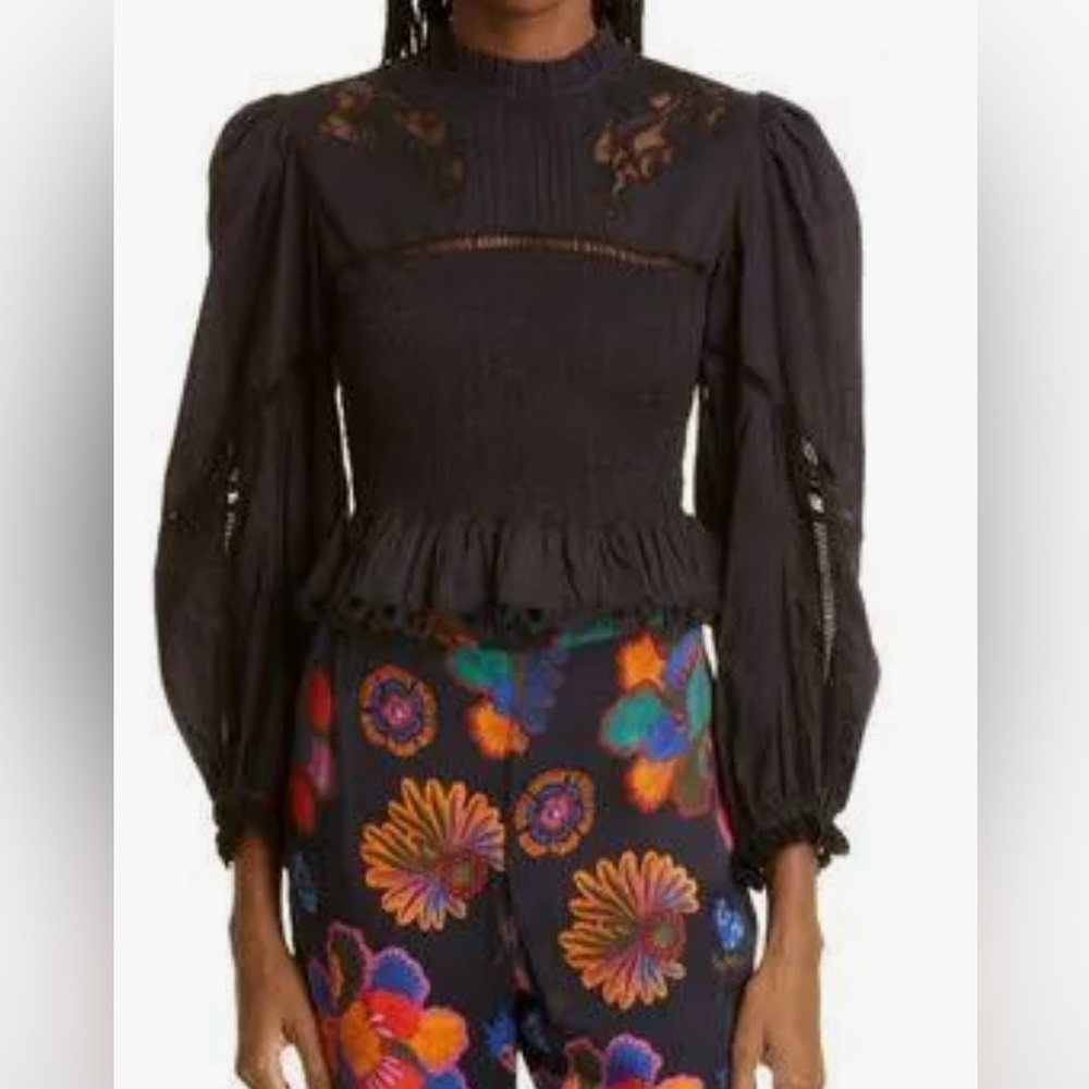 FARM Rio Lace Balloon Sleeve Peplum Blouse in black